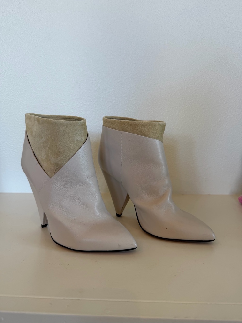 IRO Two-Tone Pointed Leather Ankle Booties in Beige and Khaki Suede